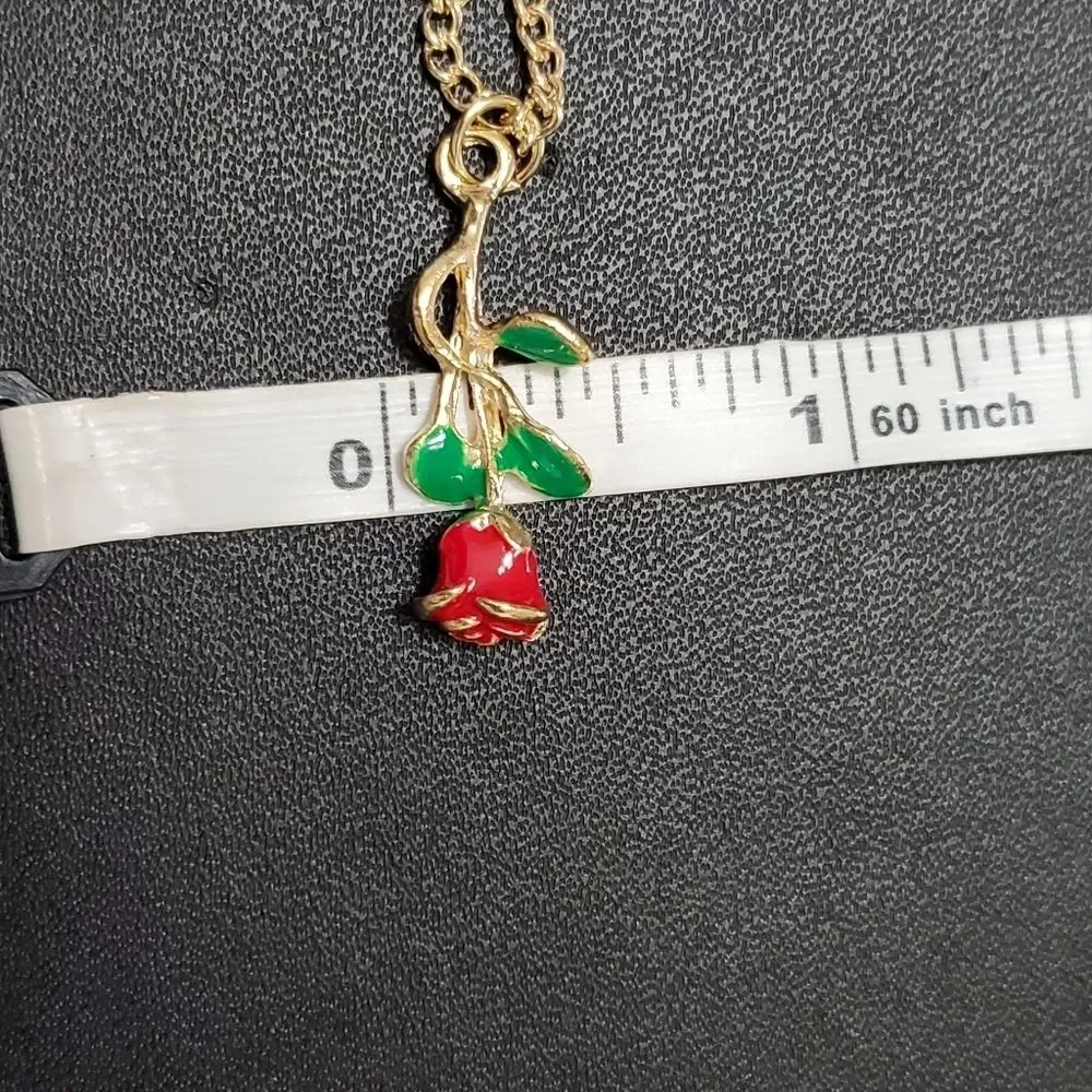Gold tone red enamel rose pendant necklace 20-22